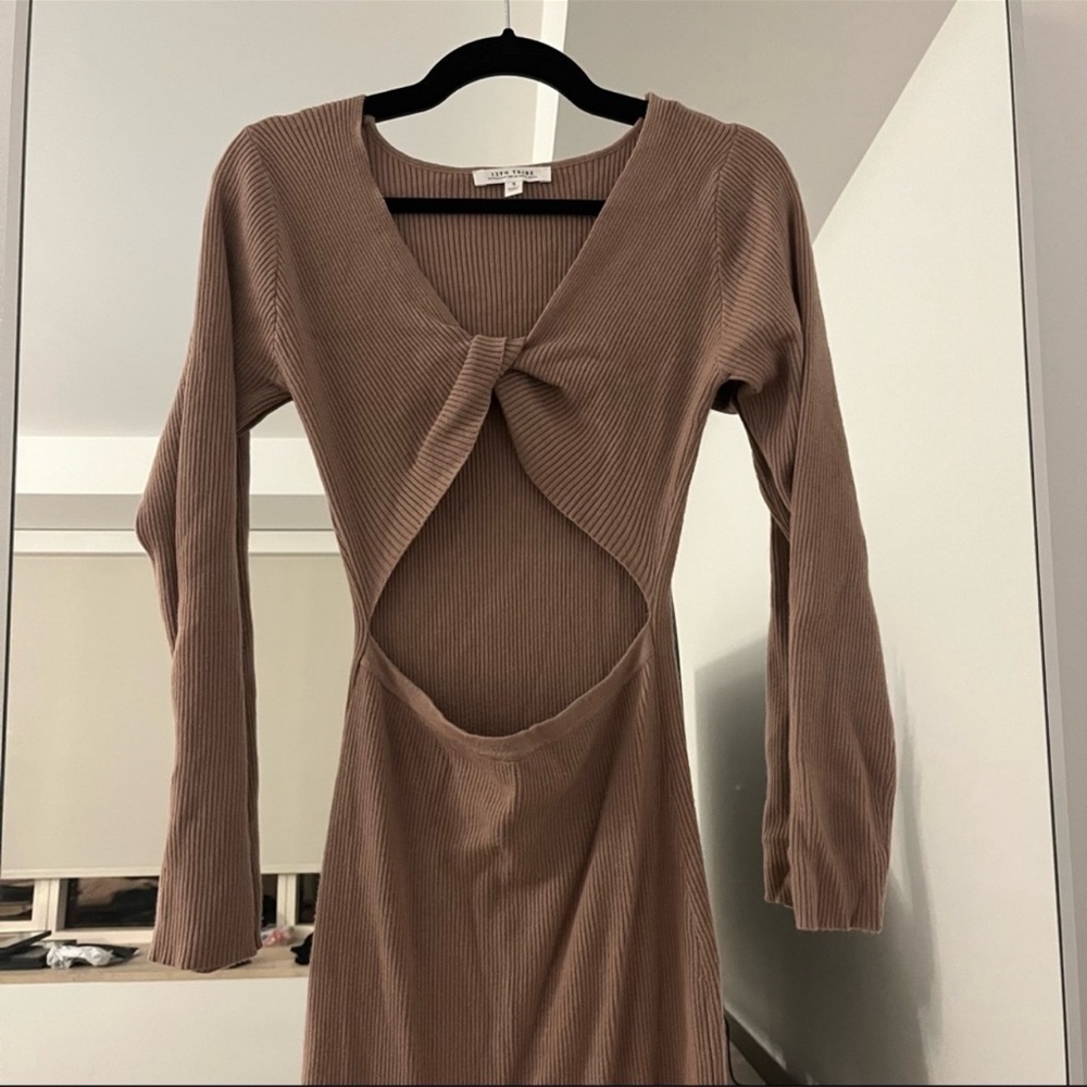 12th Tribe Eliana Midi Sweater Dress Tan Brown Long Sleeve Slit Cutout Taupe